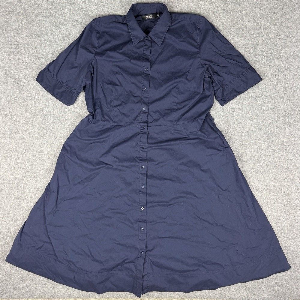 Lauren Ralph Lauren Navy Blue Button Front Cotton Blend A-Line Shirtdress Sz 18